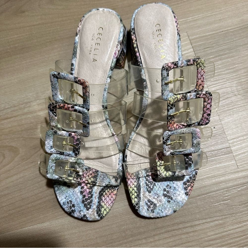 Cecelia New York Lincoln Clear Strap Snake Print Buckle Slide Sandals 7.5 - Picture 15 of 15